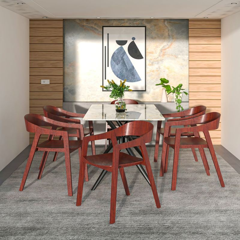 LeisureMod Rivo Collection Elegant Dining Chair in Dark Brown Wood at Table.