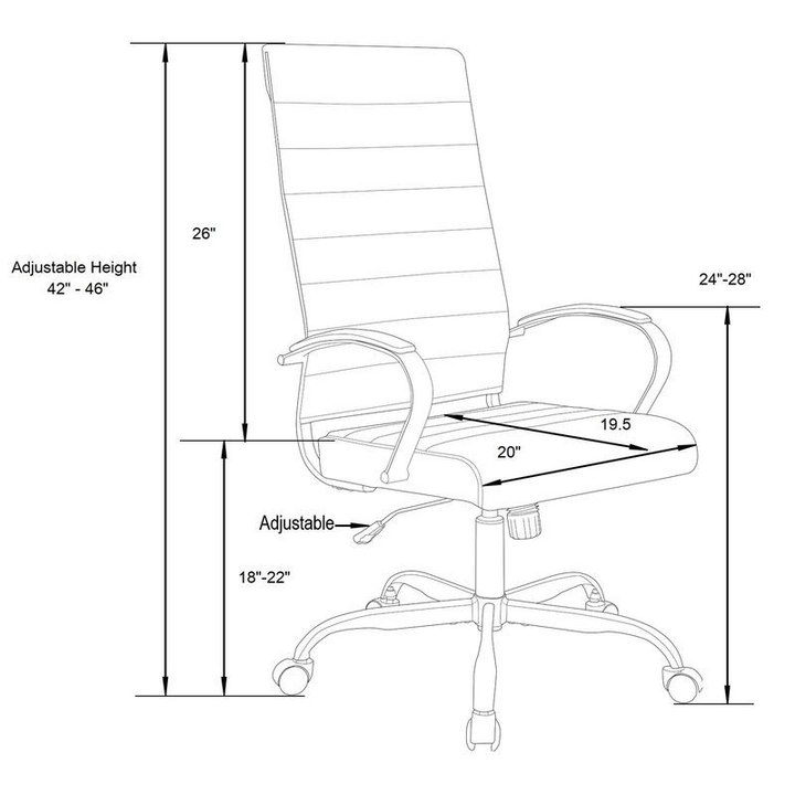 Technical drawing of an office chair with dimensions labeled.