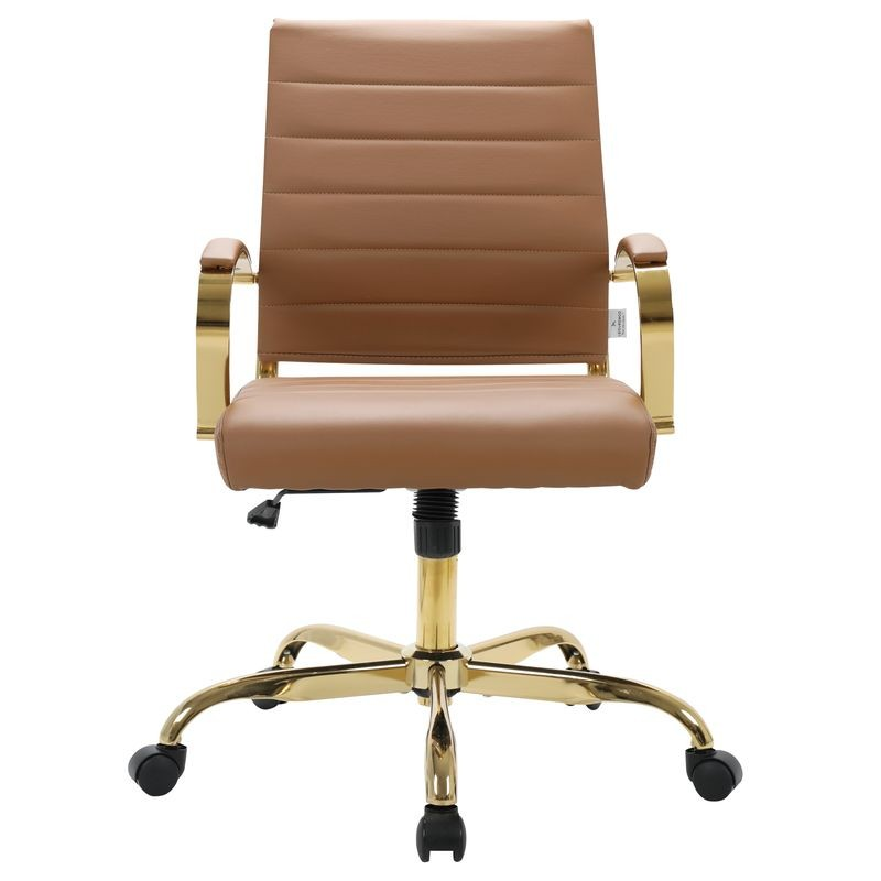 LeisureMod Benmar Home Leather Office Chair with Gold Frame Brown Front View.