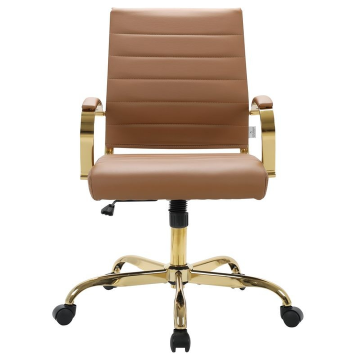 LeisureMod Benmar Home Leather Office Chair with Gold Frame Brown Front View.