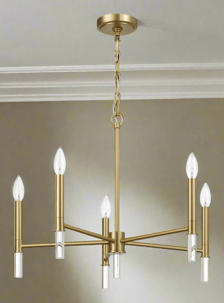 Courtyard Five Light Golden Brass Candlelight Chandelier 24"W × 17.75"H Front View.