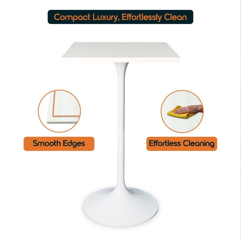 LeisureMod Verve Collection 24 Square Top Bar Height Table, White Base with Light Natural Wood MDF Top Details.
