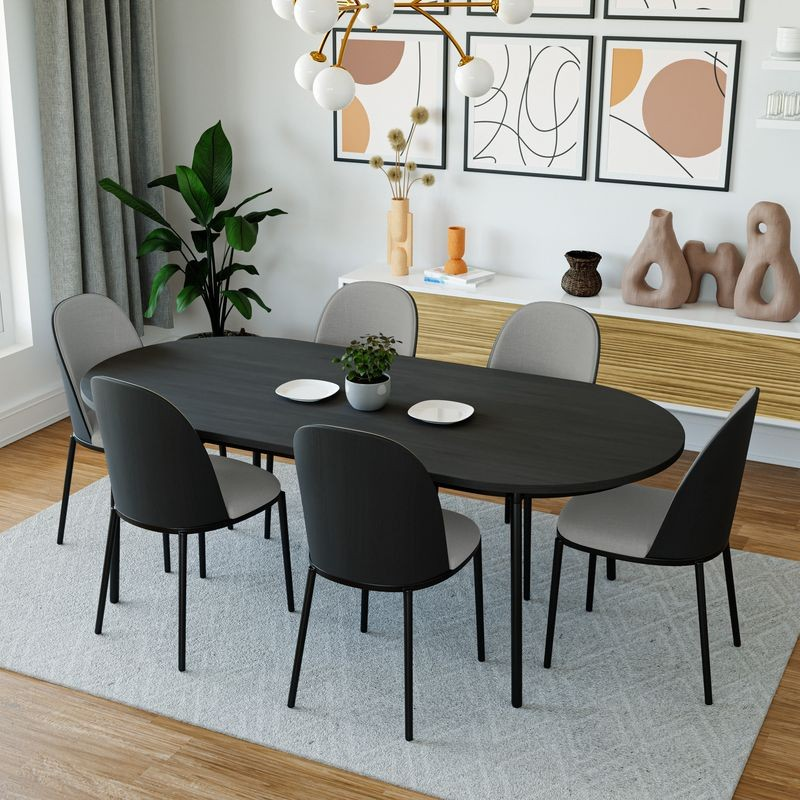 Leisuremod Tule Collection Dining Chair, Black Frame with Light Grey Leather Black/Light Grey at Table.