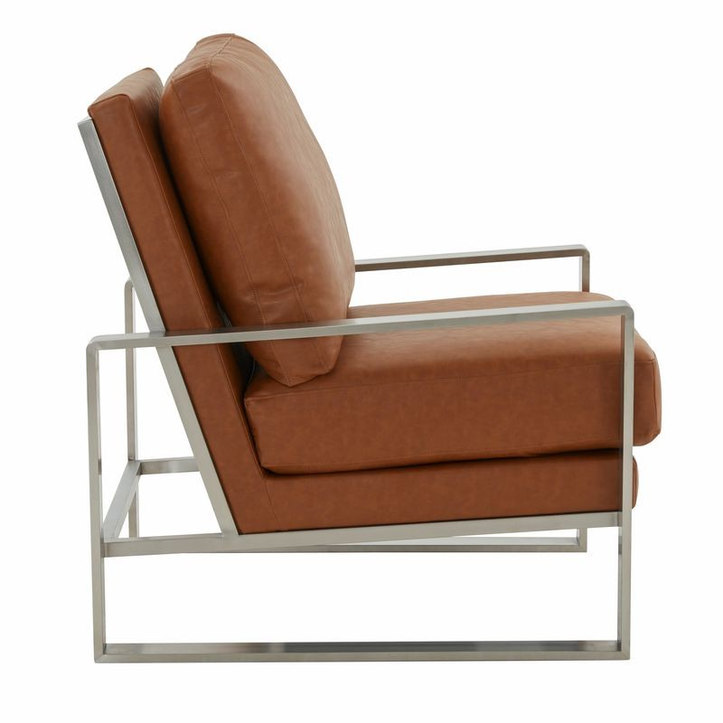 LeisureMod Jefferson Leather Modern Design Accent Armchair with Elegant Silver Frame Cognac Tan Side View.