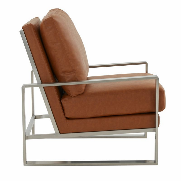 LeisureMod Jefferson Leather Modern Design Accent Armchair with Elegant Silver Frame Cognac Tan Side View.