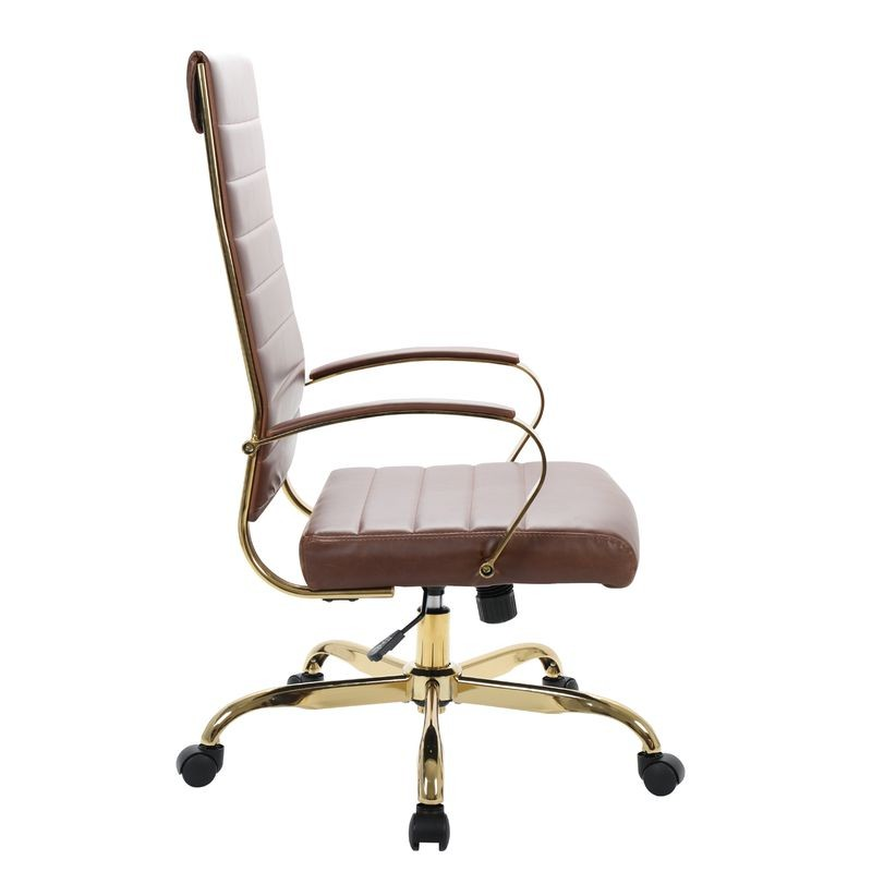 LeisureMod Benmar High-Back Leather Office Chair with Gold Frame Brown Side View.