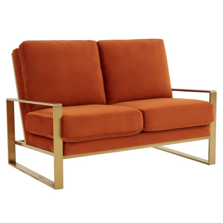 Leisuremod Jefferson Contemporary Modern Velvet Loveseat with Gold Frame Orange
