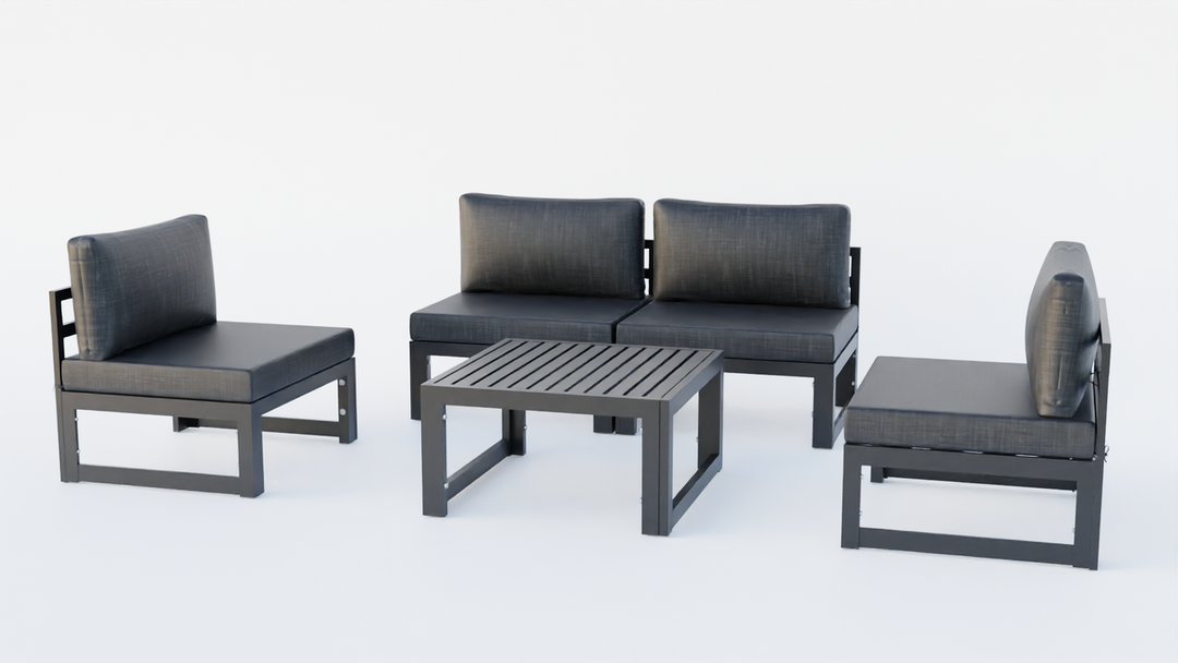 LeisureMod Chelsea 5-Piece Middle Patio Chairs and Coffee Table Set Black Aluminum with Cushions Black Photo.