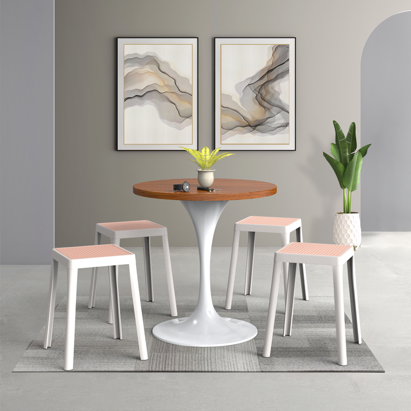 LeisureMod Tresse Series Stackable Poly Stool with Wicker Top in White at Table.