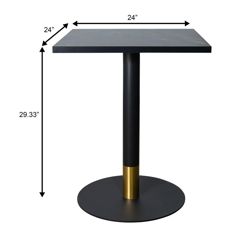 LeisureMod Vail Collection Dining Table Black/Gold Base With 24" Square Black MDF Top Dimensions.