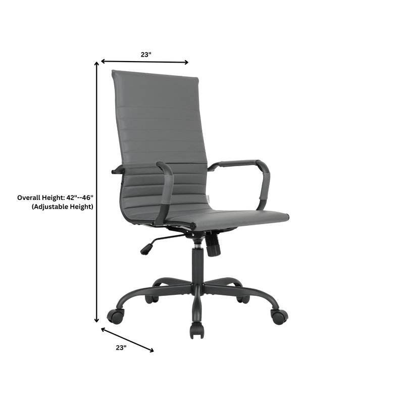 Gray office chair with adjustable height dimensions on a white background.