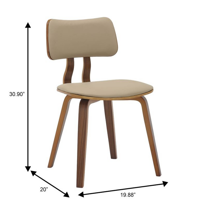 Beige chair with wooden legs and dimensions labeled on a white background.