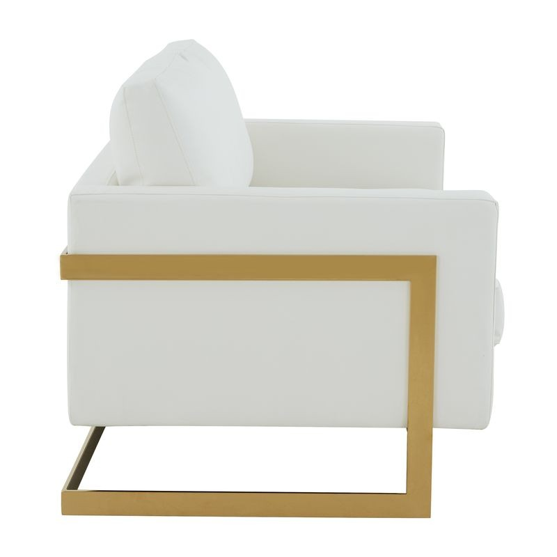 LeisureMod Lincoln Modern Mid-Century Upholstered PU Leather Loveseat with Gold Frame White Side View.
