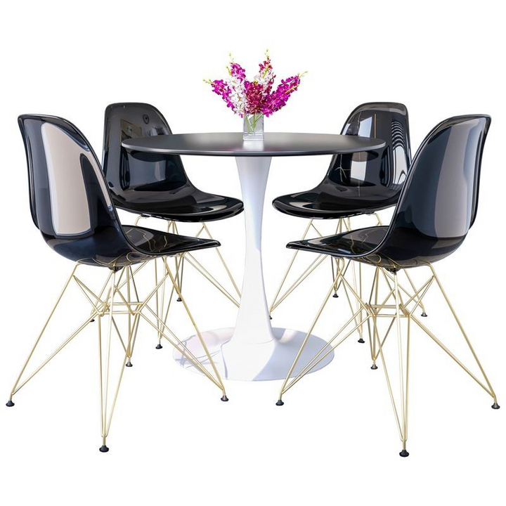 LeisureMod 5-Piece Dining Set with 35" Round Dining Table in White Iron Pedestal Base and 4 ABS Plastic Side Chair with Gold Base Transparent Black