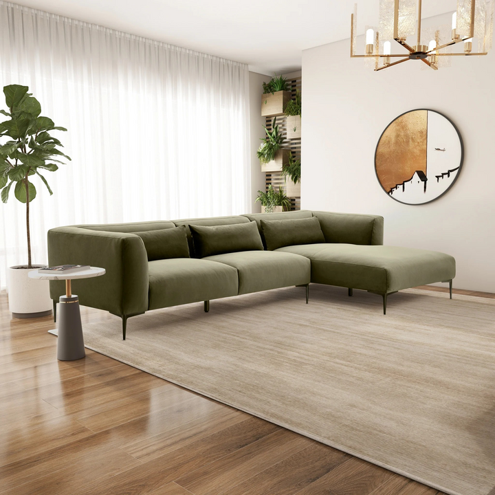 Laley Right-Facing L-Shaped Velvet Sectional in Green Right Angled View