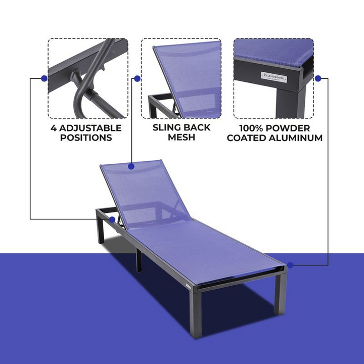 LeisureMod Marlin Patio Chaise Lounge Chair with Black Aluminum Frame Navy Blue Details.