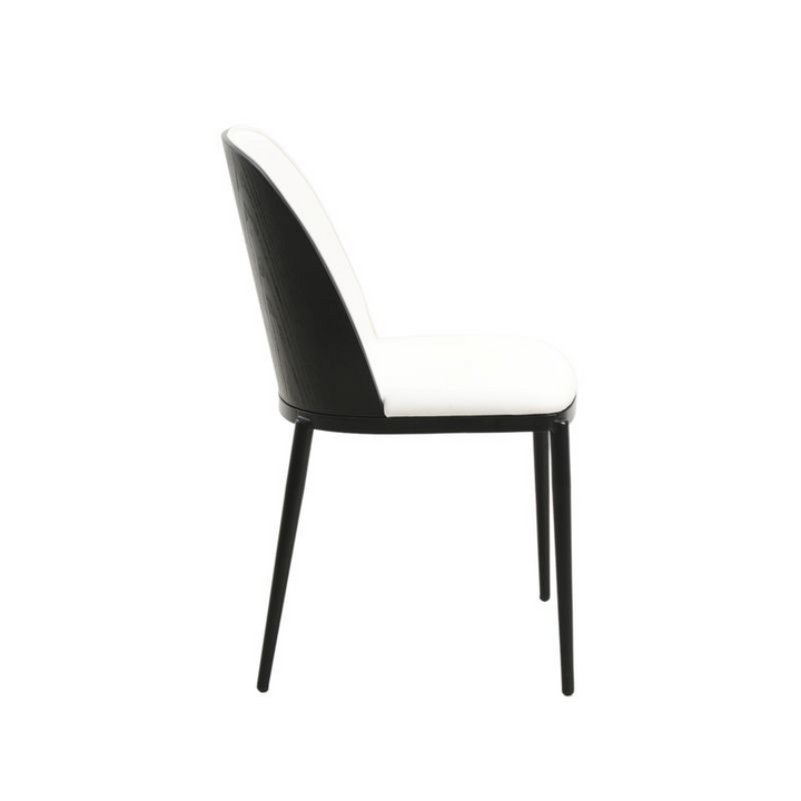 LeisureMod Tule Mid-Century Modern Dining Side Chair with Leather Seat and Powder-Coated Steel Frame Black/White Side View.