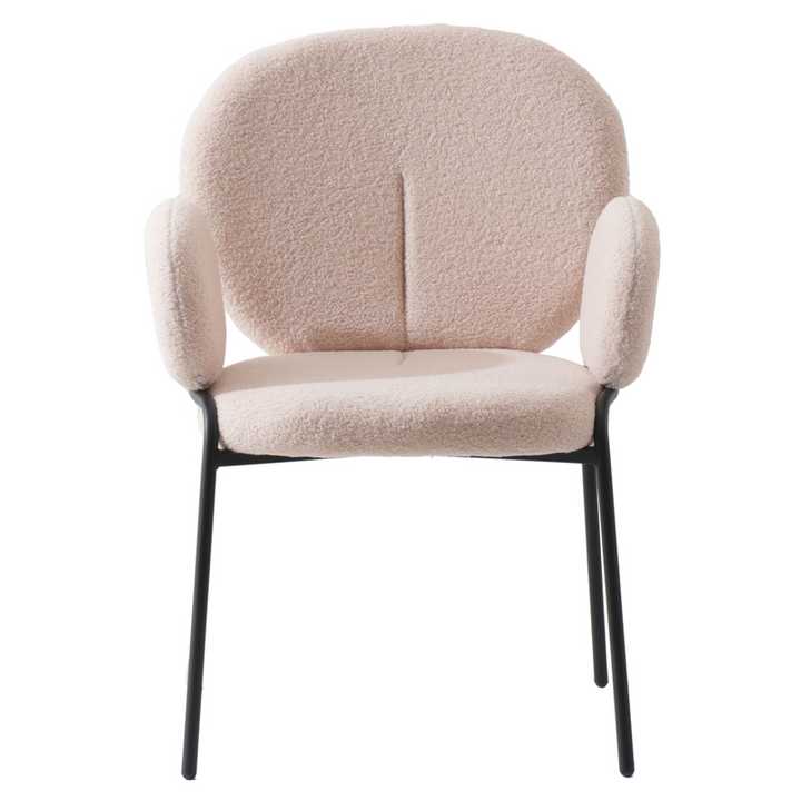 Leisuremod Celestial Series Boucle Dining Black Frame Armchair with Beige Fabric Front View.