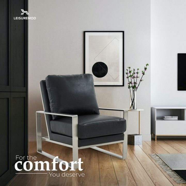 LeisureMod Jefferson Leather Modern Design Accent Armchair with Elegant Silver Frame Black Comfort.