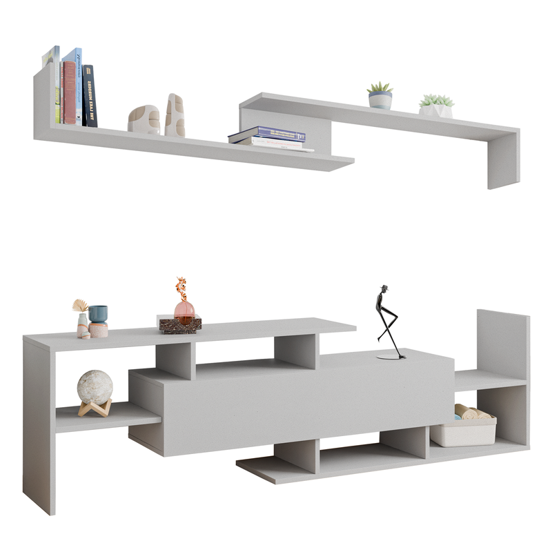 LeisureMod Surrey Modern TV Stand with MDF Shelves and Bookcase in White Closeup.