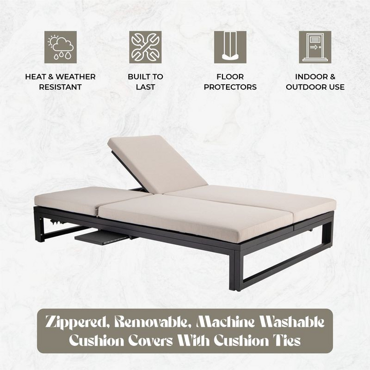 LeisureMod Chelsea Convertible Lounge Reclining Double Chaise with Cushions Beige Details.