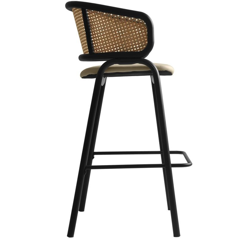 LeisureMod Ervilla Wicker Bar Stool with Fabric Seat and Black Steel Frame in Taupe Side View.