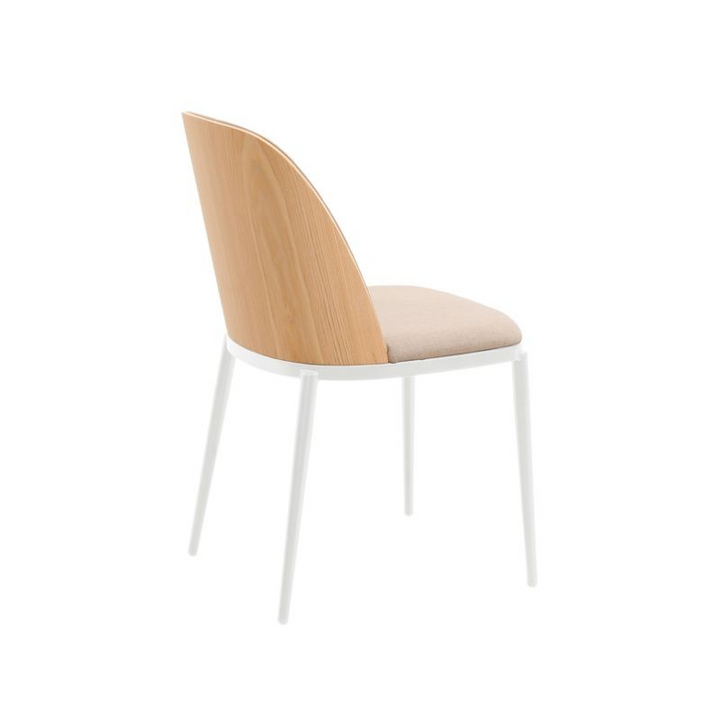 LeisureMod Tule Mid-Century Modern Dining Side Chair with Velvet Seat and White Powder-Coated Steel Frame Natural Wood/Brown Back Angle.