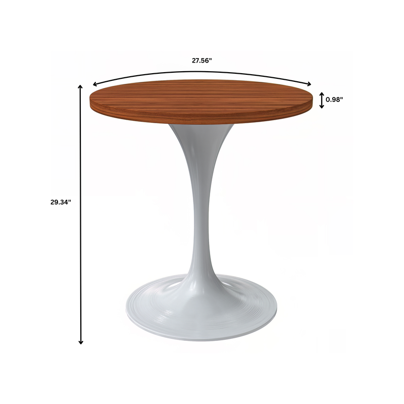 LeisureMod Verve Collection 27 Round Dining Table, White Base with Cognac Brown MDF Top Dimensions.