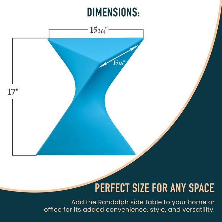 Blue side table with dimensions and text about its suitability for any space.