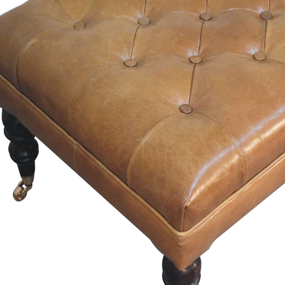 California Walnut Buffalo Tan Leather Ottoman with Castor Legs Zoomed