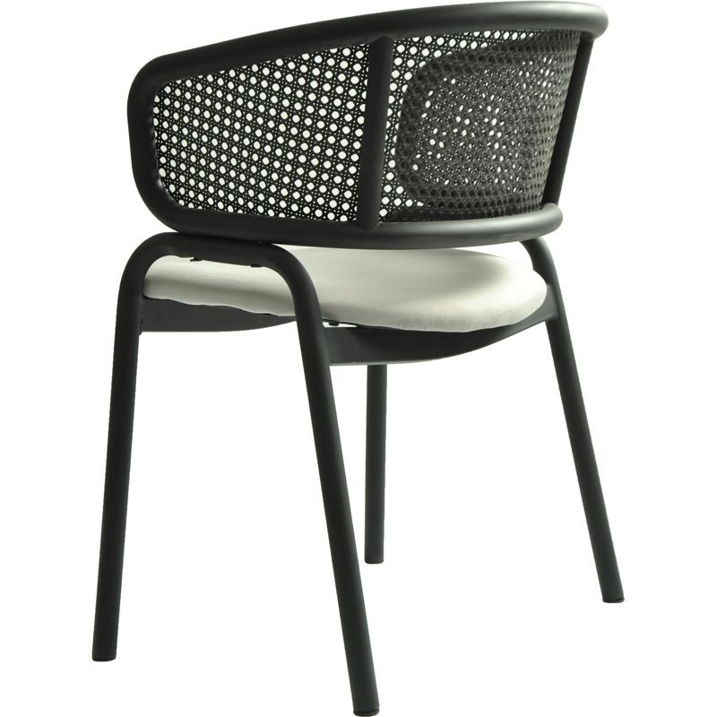 LeisureMod Ervilla Dining Armchair in Black Steel Frame with Black Wicker Back and Grey Seat Back Photo.