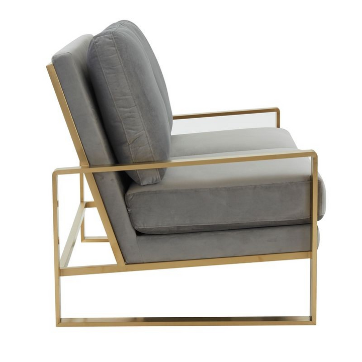 Leisuremod Jefferson Contemporary Modern Velvet Loveseat with Gold Frame Light Grey Side View.