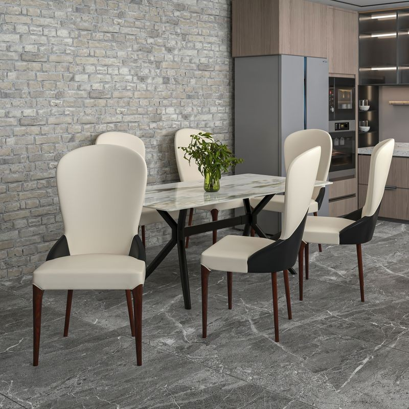 LeisureMod Havana Collection Modern Wooden Dining Chair in Black/White at Table.