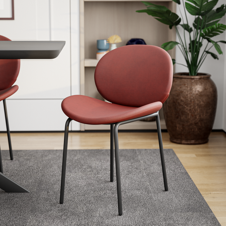 LeisureMod Servos Modern Dining Side Chair with Upholstered Faux Leather Seat and Powder Coated Iron Frame for Kitchen and Dining Room Bordeaux with Background.