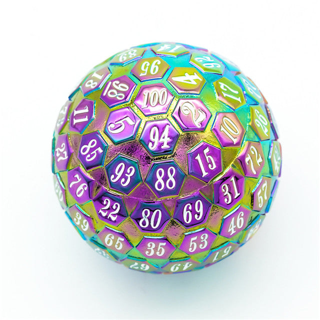 Rainbow Metal Single 100 Sided Polyhedral Dice (D100) | w/ White Color (45mm)