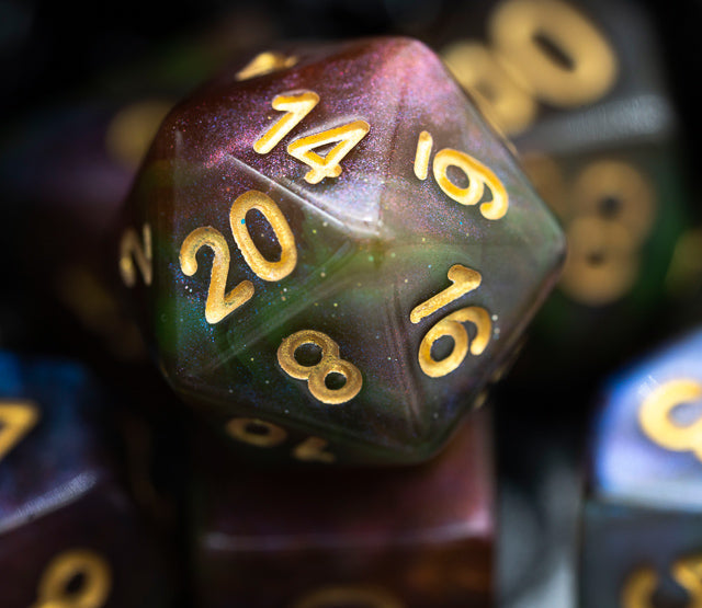 Purple & Green w/gold Galaxy Glitter 7-Dice Set RPG