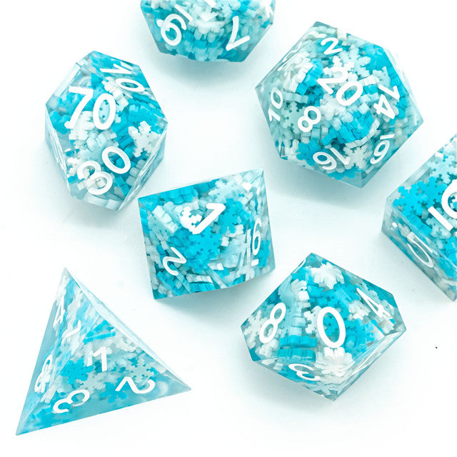 Snowflake Sharp Edge DND Dice Set | White & Blue w/White Numbers