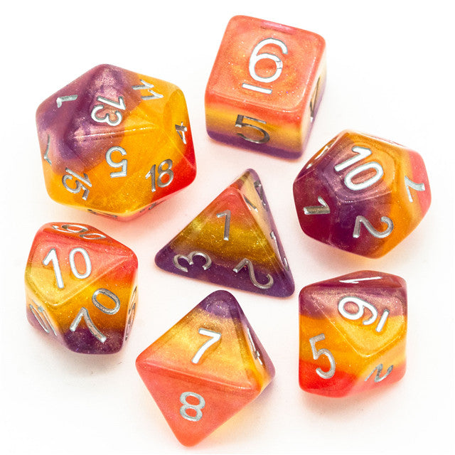 Orange Yellow Purple Glitter Layer 7-Dice Set w/Silver Numbers