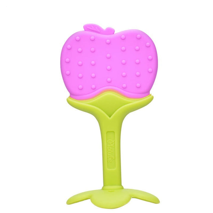Pink apple-shaped teether with green base on a white background.