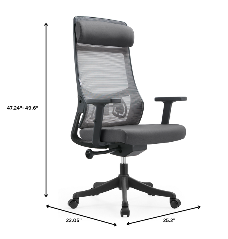 Gray office chair with dimensions indicated on a white background.
