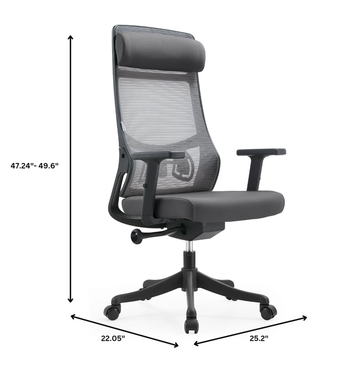 Gray office chair with dimensions indicated on a white background.