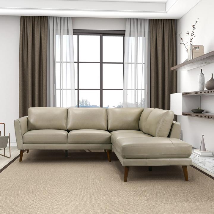 Benson Beige Leather Sectional Sofa Right Facing Chaise Image.