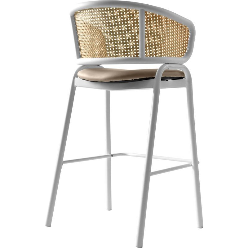 LeisureMod Ervilla Wicker Bar Stool with Fabric Seat and White Steel Frame in Taupe Back View.