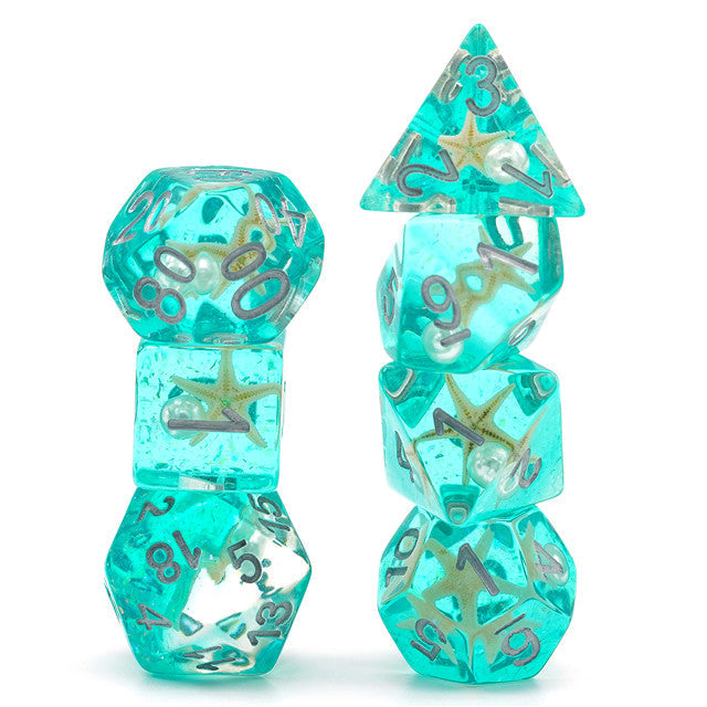 Starfish & Pearl Floating in Green Glitter 7-Dice Set