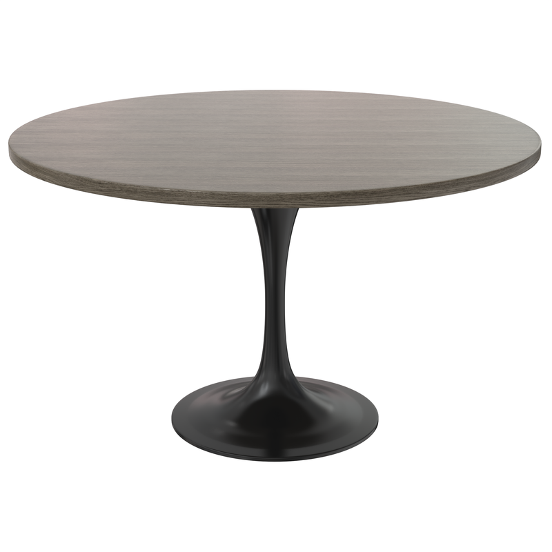 LeisureMod Verve Collection 48 Round Dining Table, Black Base with Dark Maple MDF Top