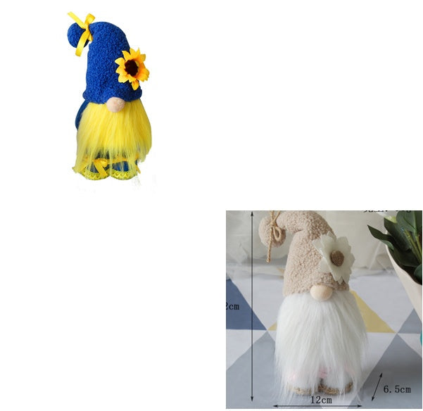 Decorative gnome with blue hat and yellow sunflower, shown with a size chart for reference.