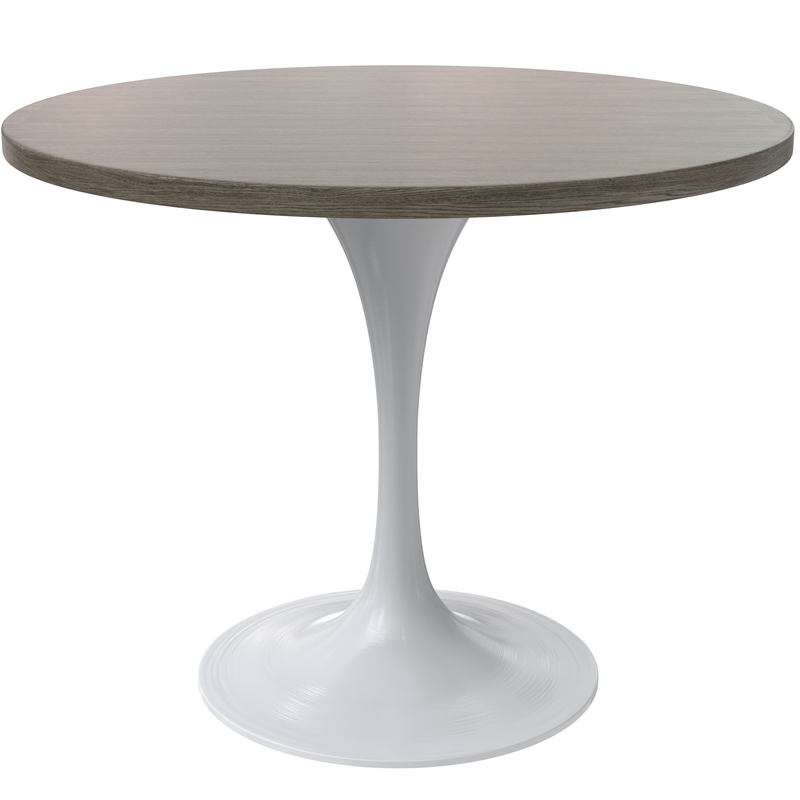 LeisureMod Verve Collection 36 Round Dining Table, White Base with Dark Maple MDF Top