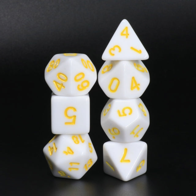 White Opaque with Yellow Numbering 7-Dice Set RPG