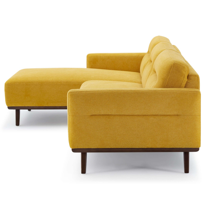 Ella L-Shaped Dark Yellow Linen Left Sectional Couch Closeup Side View.