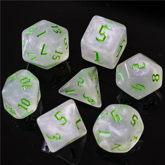 Glitter Party White Glitter Dice (Green font) 7-Dice Set RPG DND